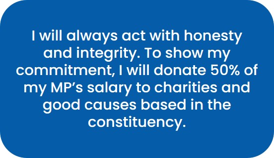I will always act with honesty and integrity. To show my commitment, I will donate 50% of my MP’s salary to charities and good causes based in the constituency.